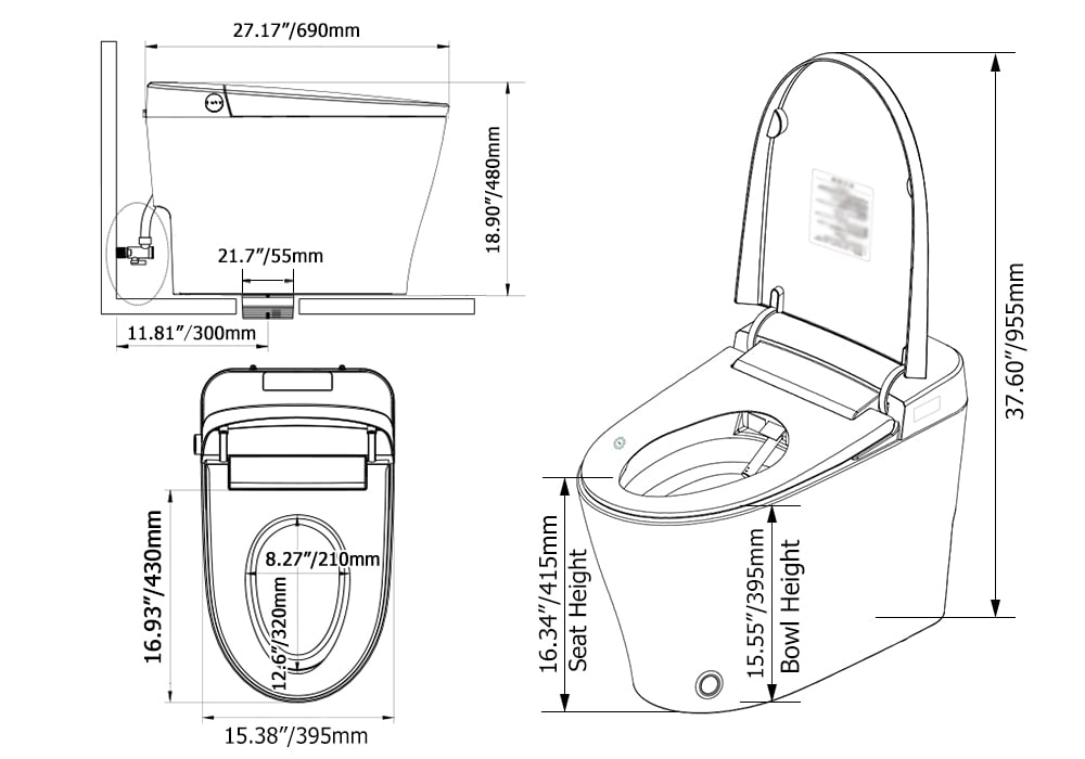 Technical drawing of a toilet with dimensions labeled