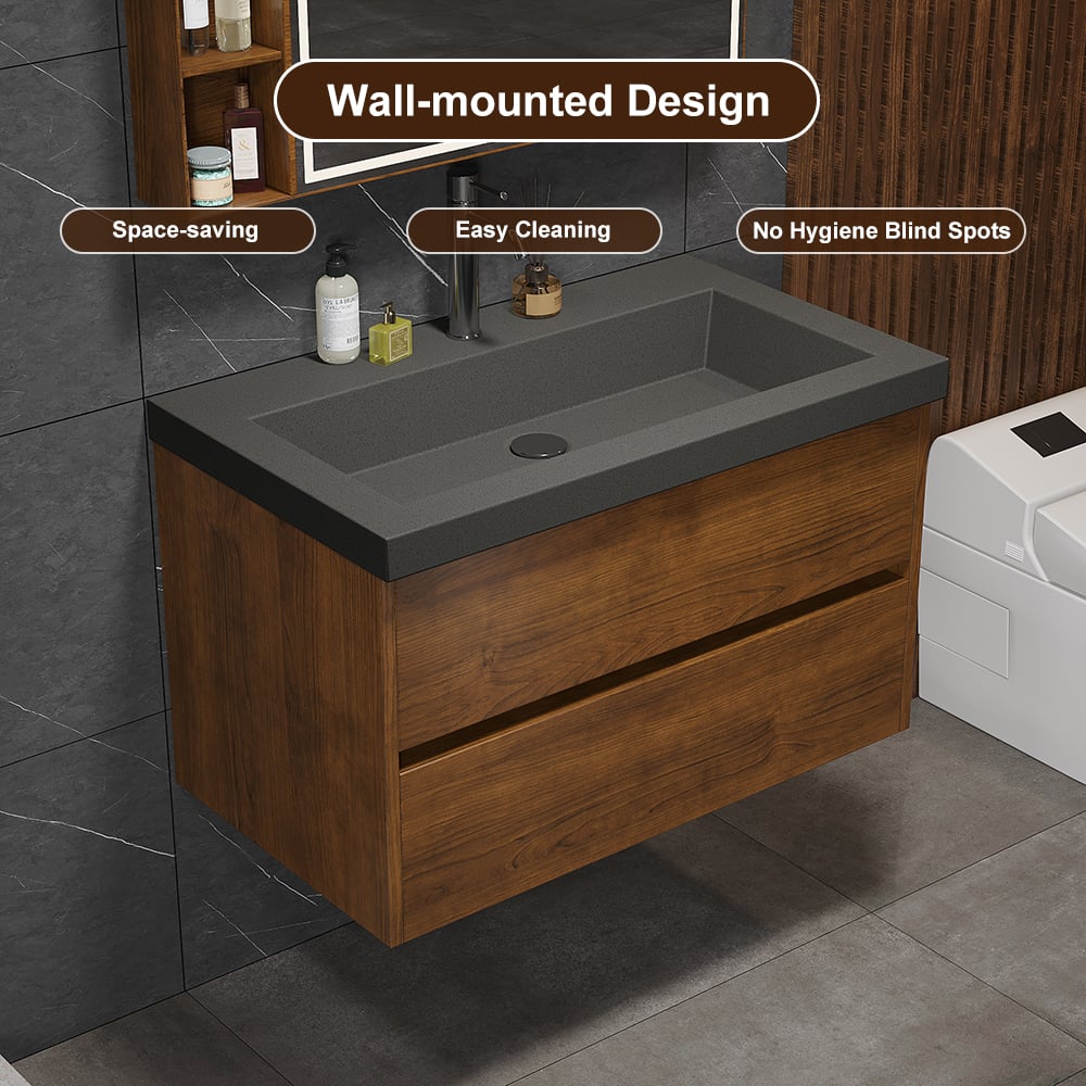 Wall-mounted bathroom vanity with dark countertop and wooden cabinet, featuring text on design benefits.
