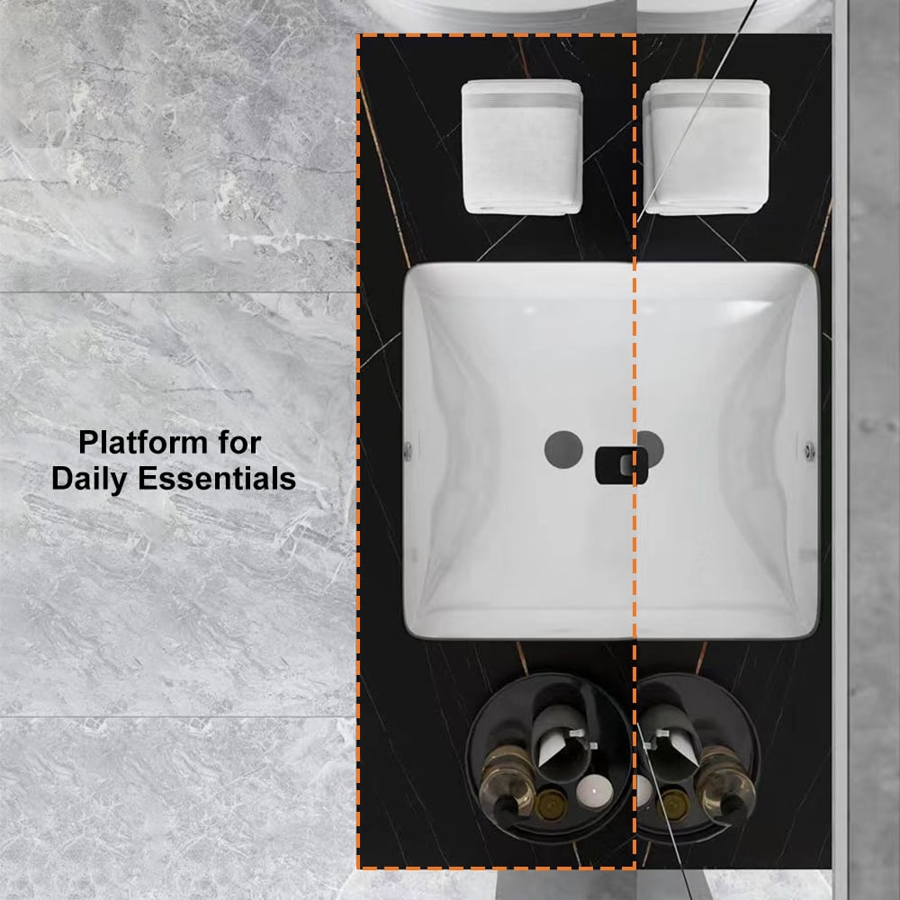 Top-down view of a bathroom sink with toiletries on a gray marble surface.