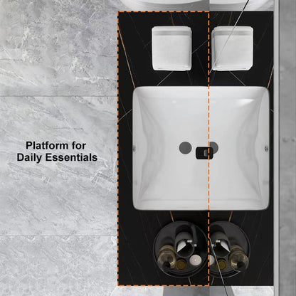 Top-down view of a bathroom sink with toiletries on a gray marble surface.