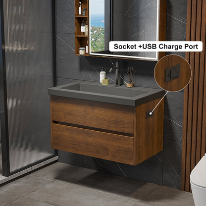 Bathroom vanity with wooden cabinet and gray countertop, featuring a socket and USB charge port.