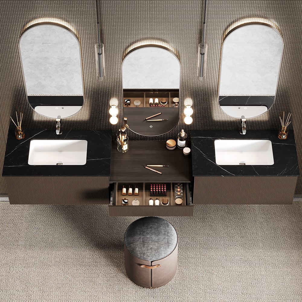 Modern bathroom vanity with three mirrors, sinks, and a cabinet.