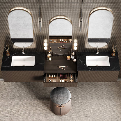 Modern bathroom vanity with three mirrors, sinks, and a cabinet.