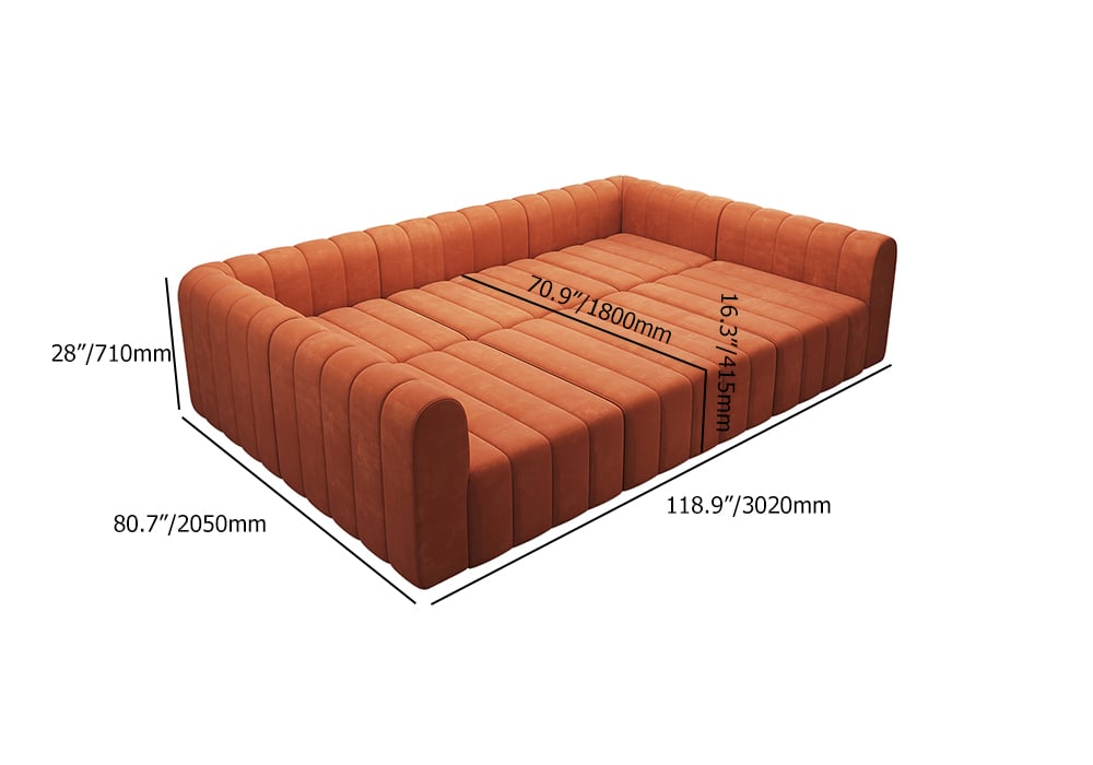 Orange sofa with dimensions labeled on a white background