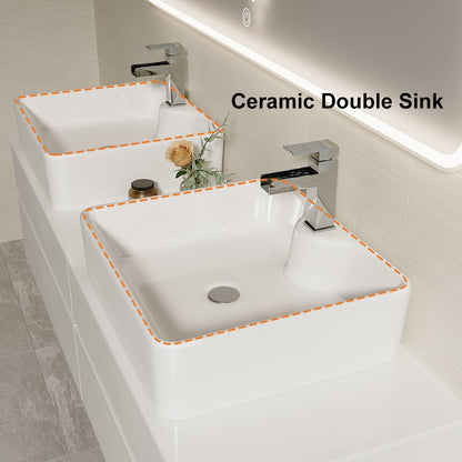 60" Floating Bathroom Vanity Set with Faux Marble Top & Ceramic Vessel Sink