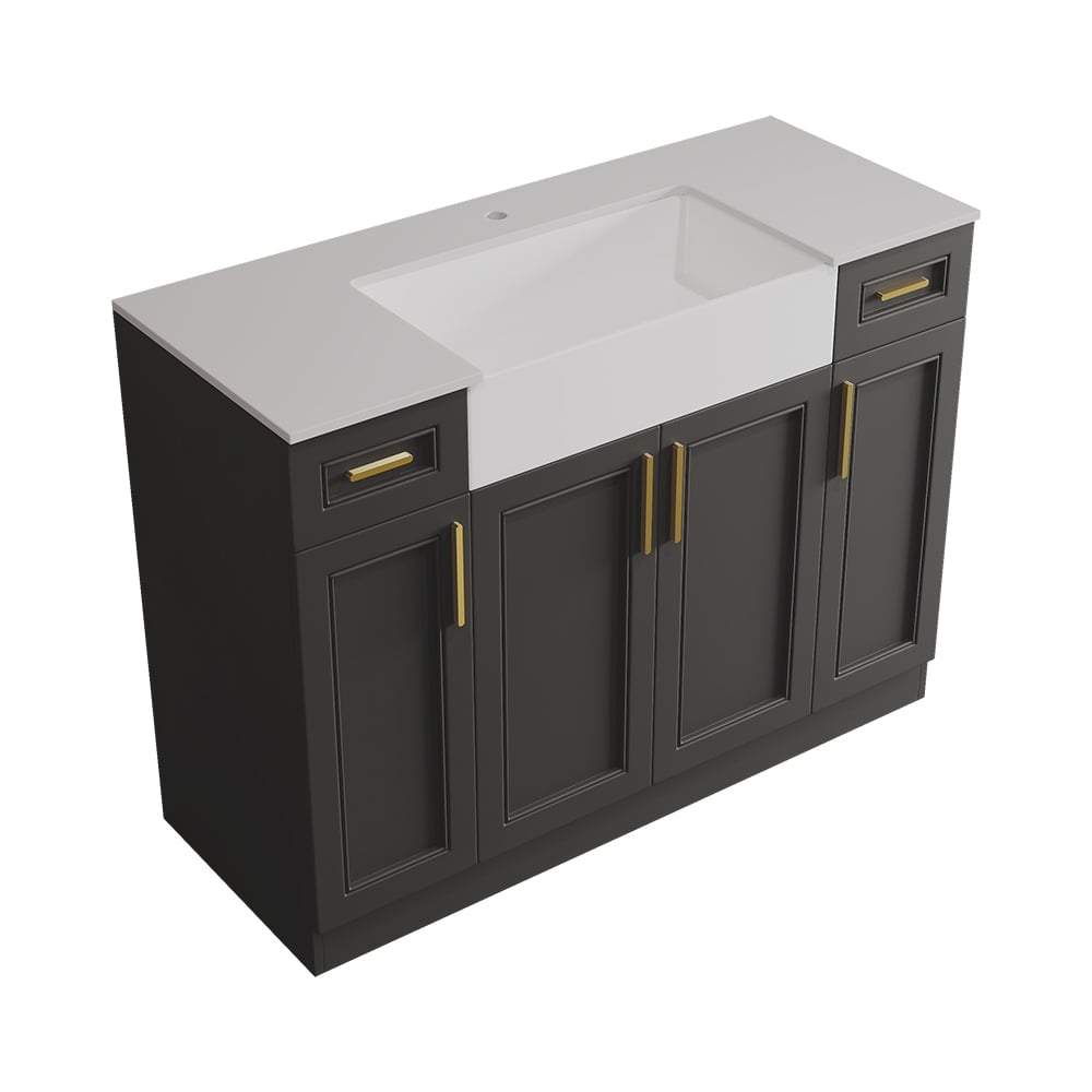 Bathroom vanity with white countertop and gold handles on a white background