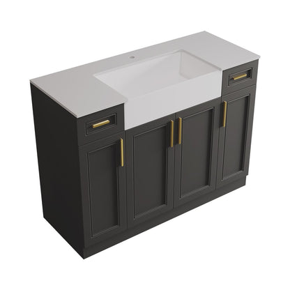 Bathroom vanity with white countertop and gold handles on a white background