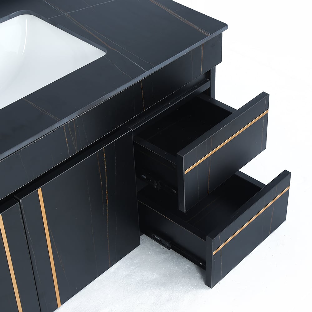 Black bathroom vanity with open drawers on a white background