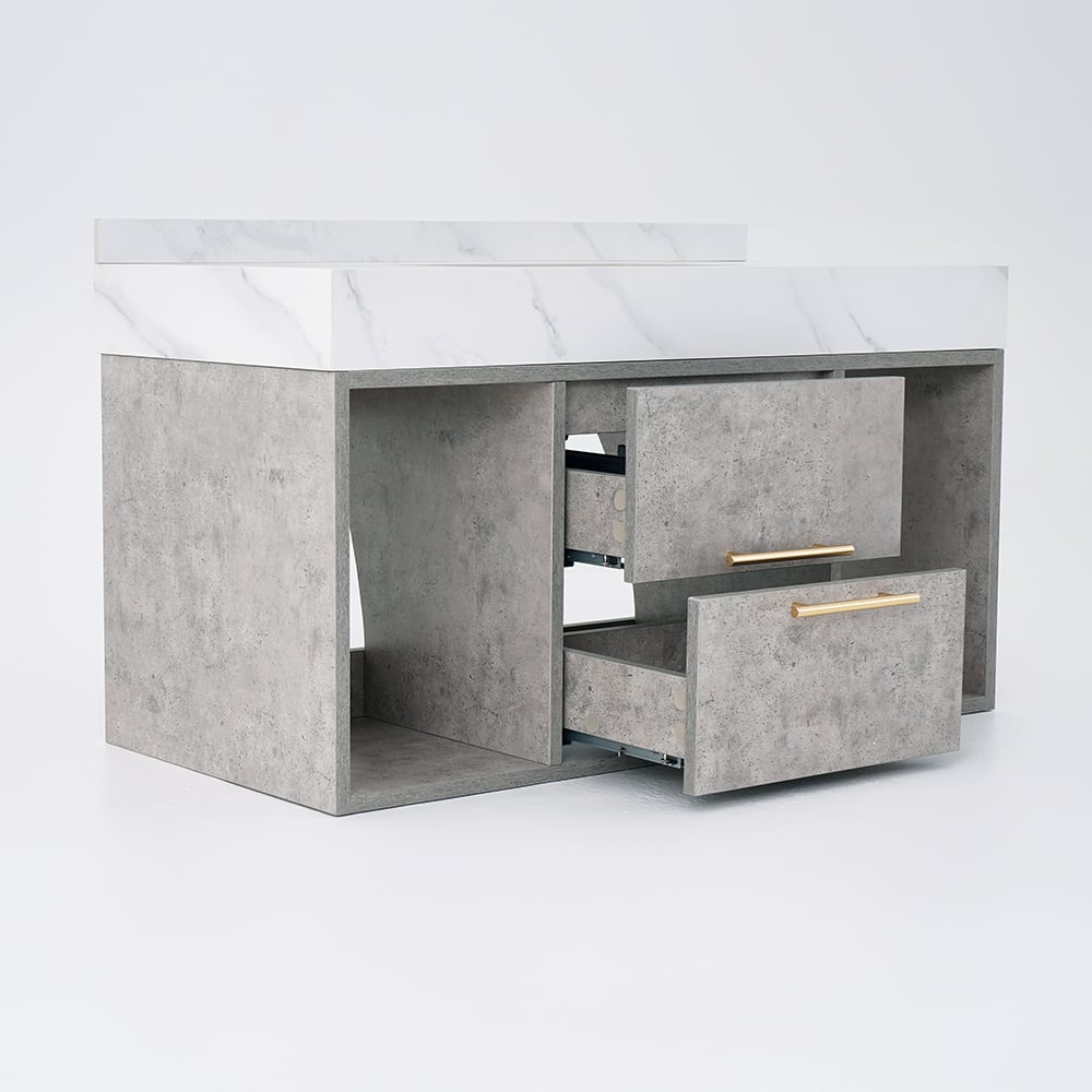 Gray concrete desk with marble top on a white background