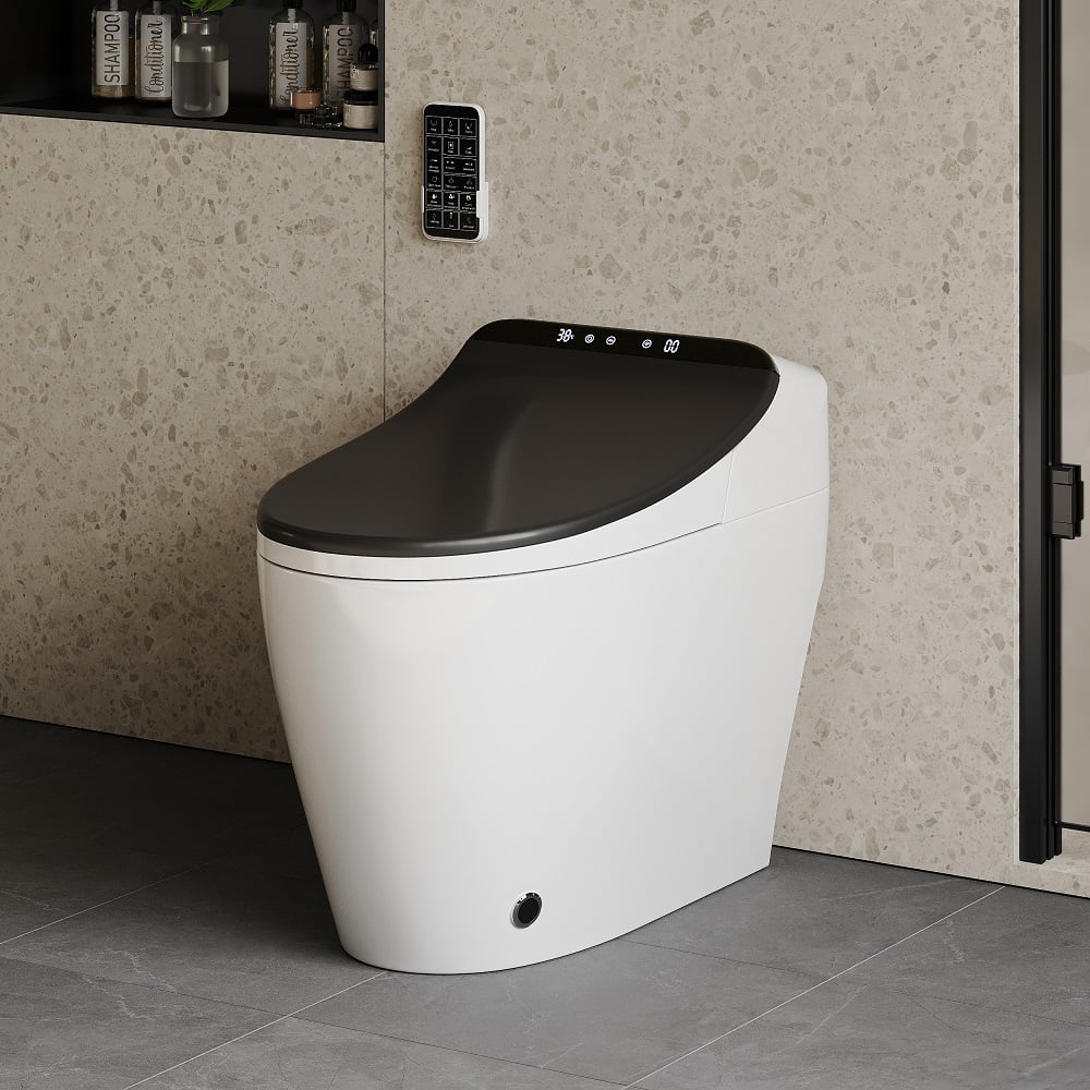 Modern toilet with black seat in a bathroom setting