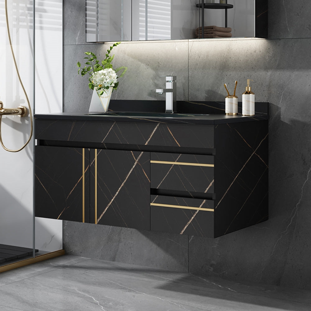 Modern black bathroom vanity with geometric design in a bathroom setting.