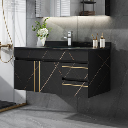 Modern black bathroom vanity with geometric design in a bathroom setting.