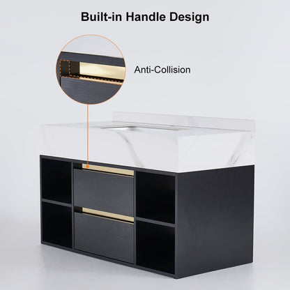 Black storage unit with built-in handle design and anti-collision feature on a white background