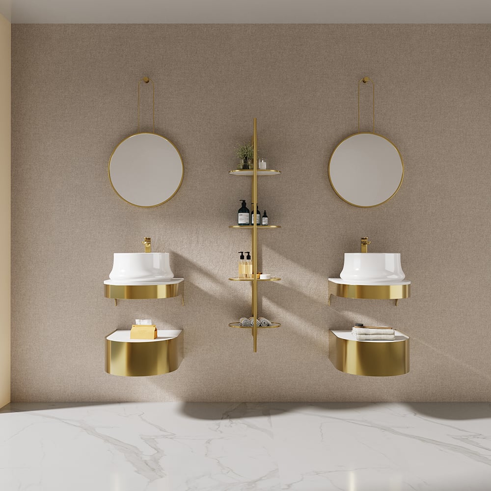 Bathroom setup with gold-framed mirrors and sinks against a beige wall.