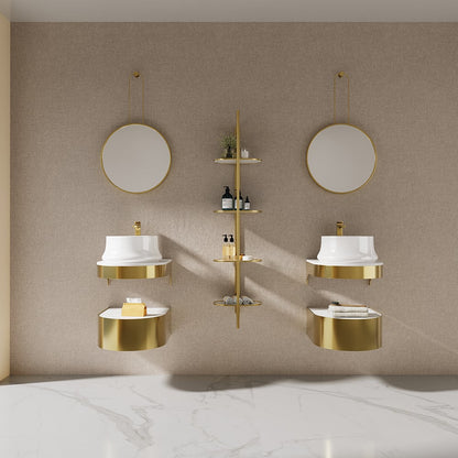 Bathroom setup with gold-framed mirrors and sinks against a beige wall.