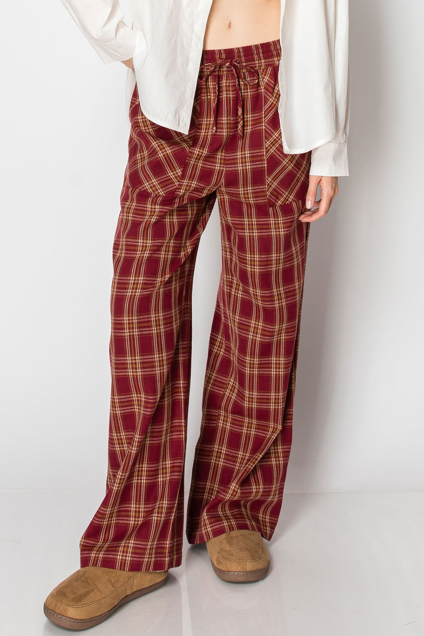 Draw String Plaid Wide Leg Pants with Pockets