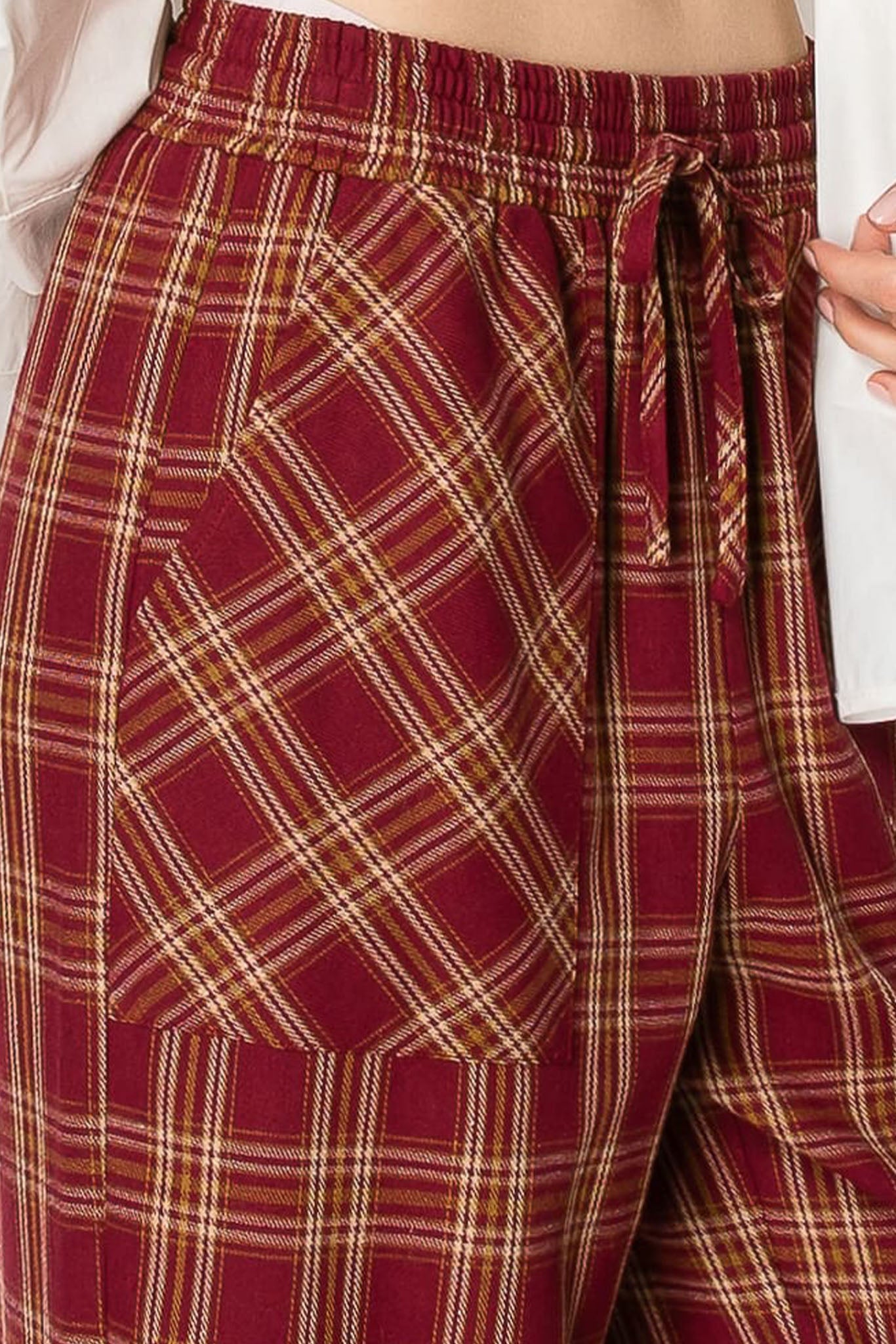 Draw String Plaid Wide Leg Pants with Pockets