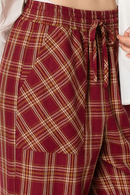 Draw String Plaid Wide Leg Pants with Pockets