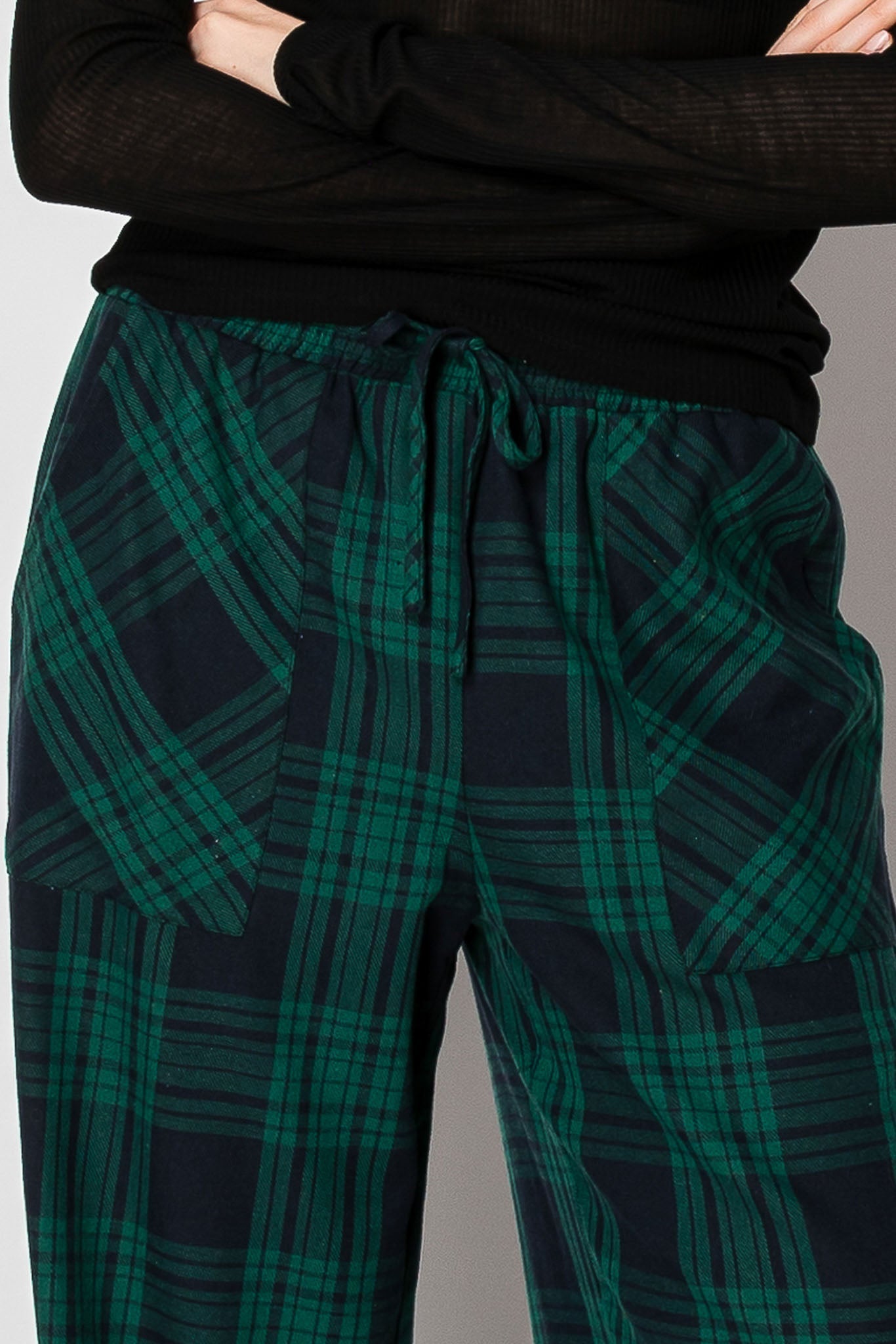 Draw String Plaid Wide Leg Pants with Pockets