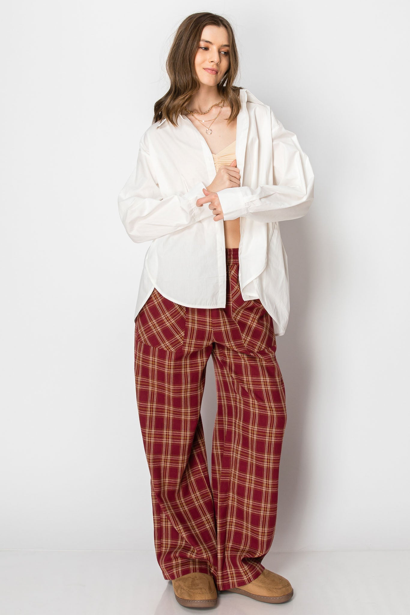 Draw String Plaid Wide Leg Pants with Pockets