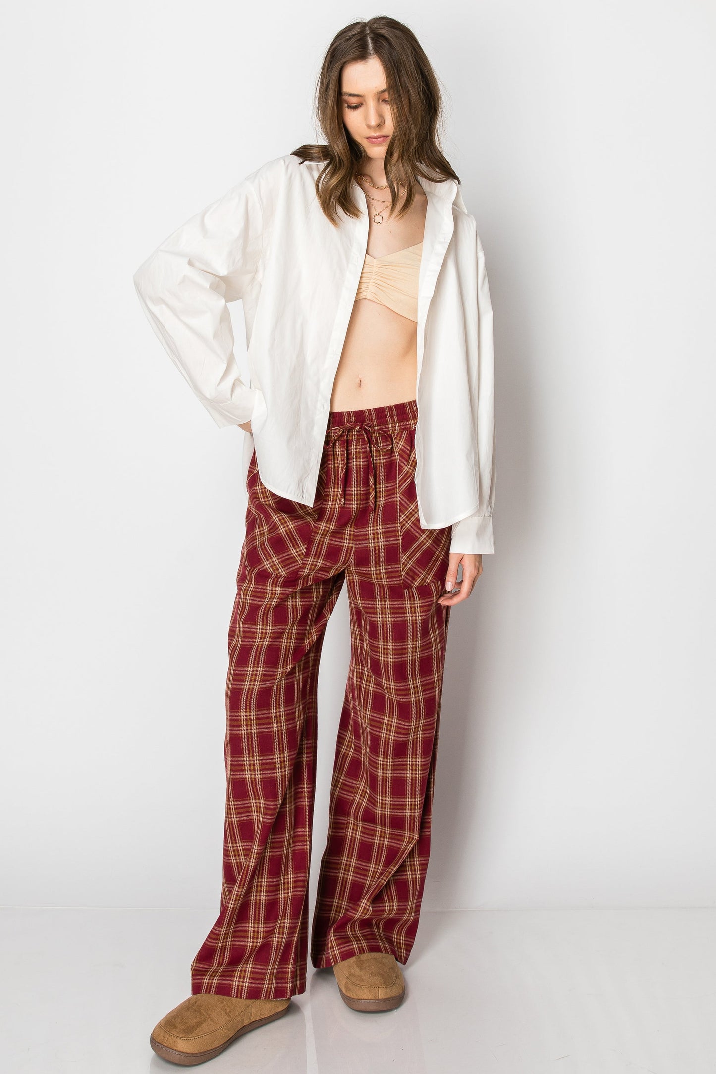 Draw String Plaid Wide Leg Pants with Pockets