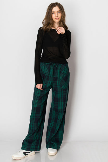 Draw String Plaid Wide Leg Pants with Pockets