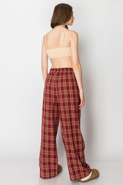 Draw String Plaid Wide Leg Pants with Pockets