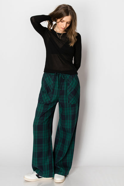 Draw String Plaid Wide Leg Pants with Pockets