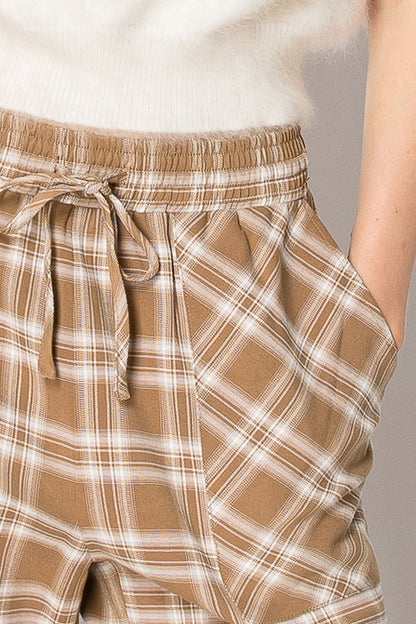 Drawstring Plaid Wide Leg Pants
