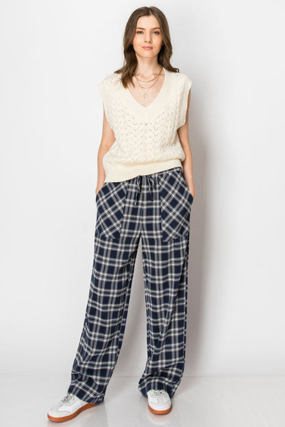 Drawstring Plaid Wide Leg Pants