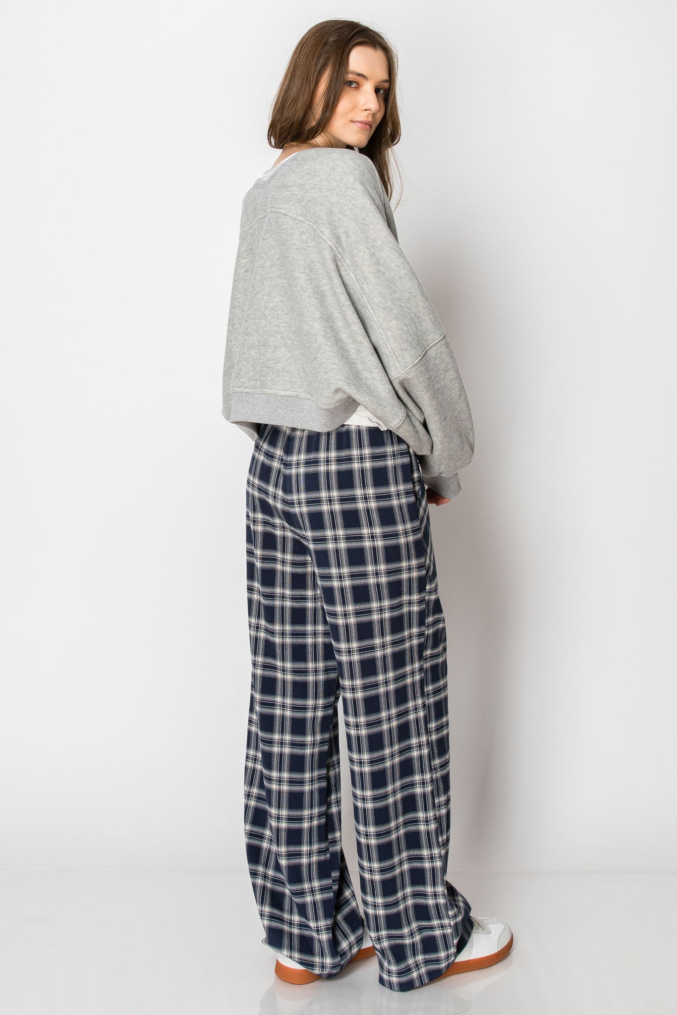 Drawstring Plaid Wide Leg Pants