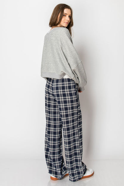 Drawstring Plaid Wide Leg Pants