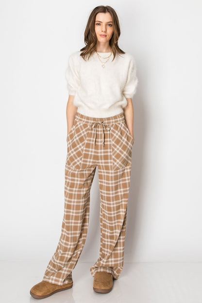 Drawstring Plaid Wide Leg Pants