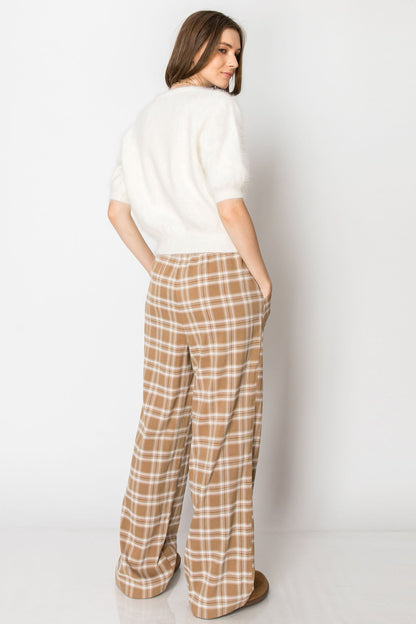 Drawstring Plaid Wide Leg Pants