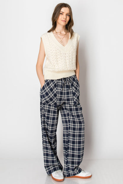 Drawstring Plaid Wide Leg Pants
