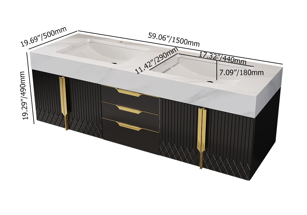 Bathroom vanity with dimensions labeled on a white background