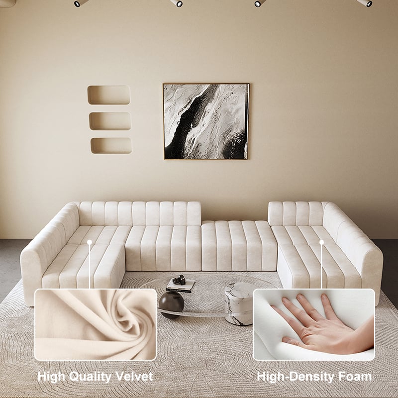 Off white sectional sofa in a living room with close-up insets of high-quality velvet fabric and high-density foam.