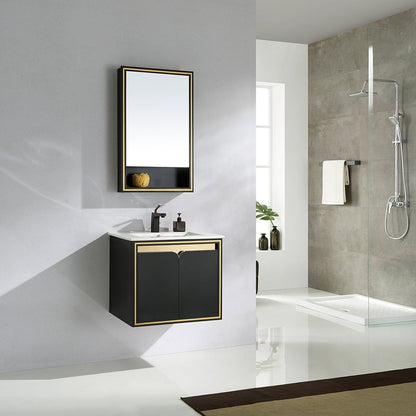 Modern bathroom with black vanity unit, mirror, and shower area.
