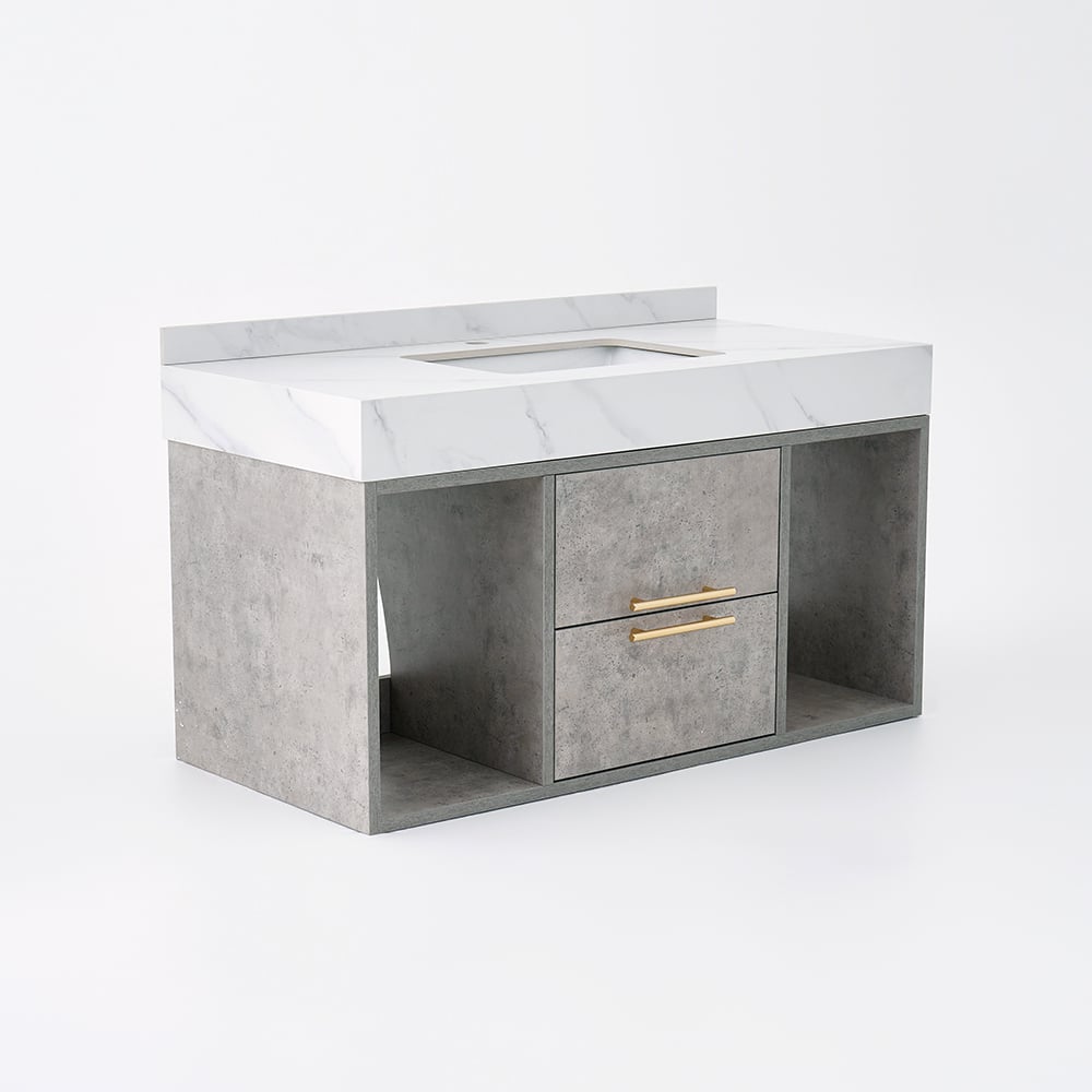 Bathroom vanity with marble countertop and concrete finish