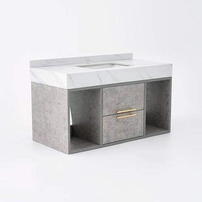 Bathroom vanity with marble countertop and concrete finish