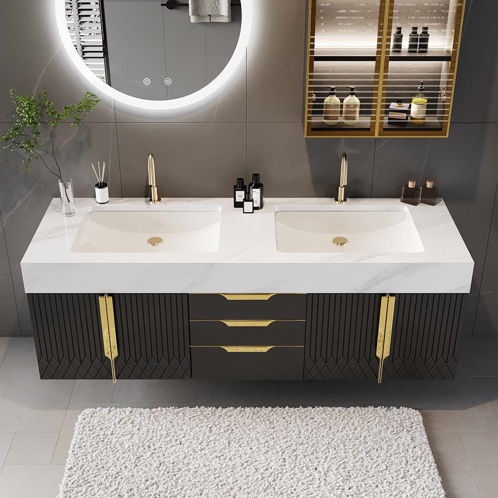 Bathroom vanity with double sink, illuminated mirror, and decorative elements.