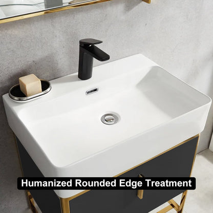 White sink with black faucet and soap bar on a light gray wall background