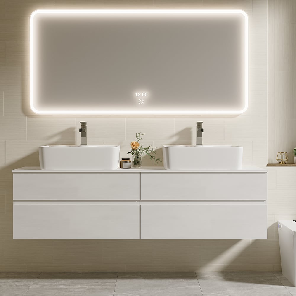 60" Floating Bathroom Vanity Set with Faux Marble Top & Ceramic Vessel Sink