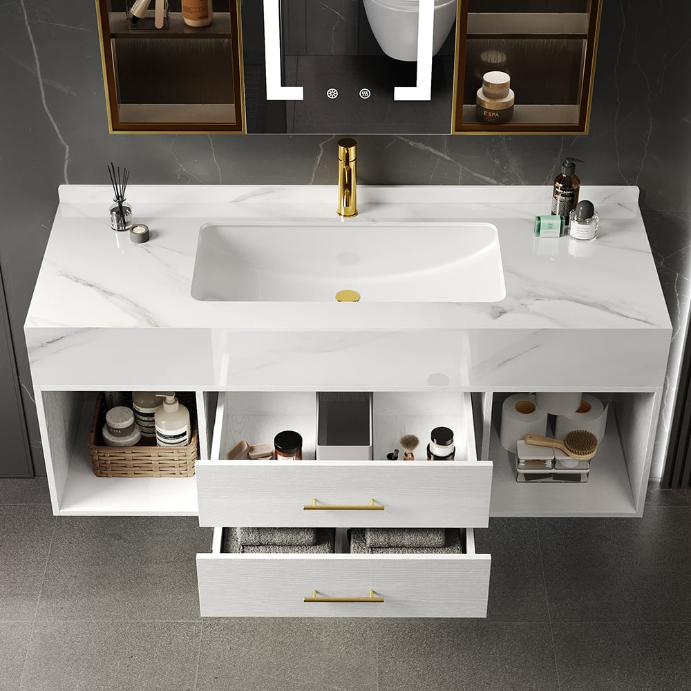 Bathroom Vanity Set 35.4" Modern Floating Sintered Stone Bathroom Vanity White with Sink