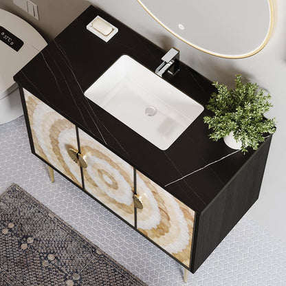 Bathroom vanity with marble-patterned doors and a white sink.