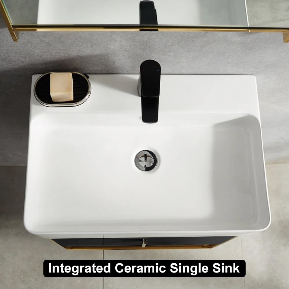 White ceramic single sink with black faucet in a bathroom setting