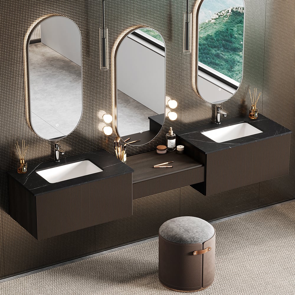 Bathroom vanity with three mirrors and a small ottoman on a textured wall.