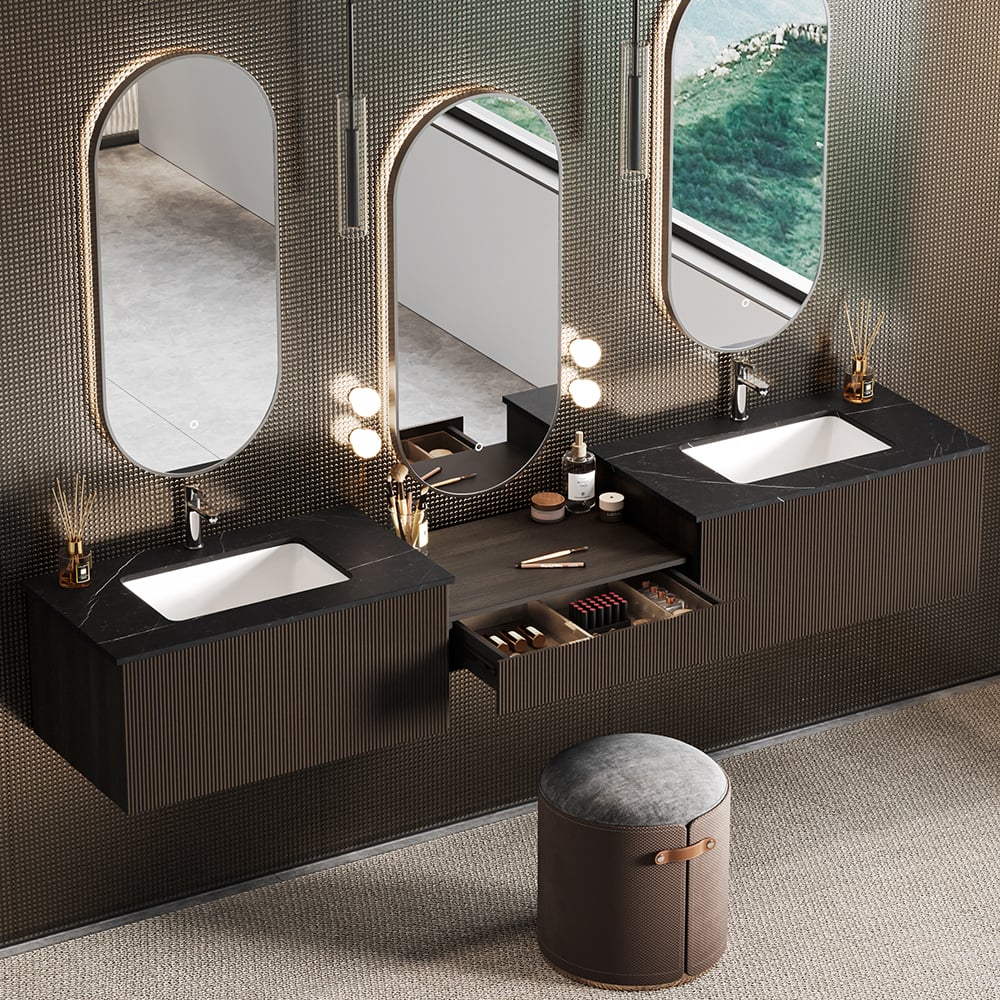 Modern bathroom vanity with three mirrors and a stool.