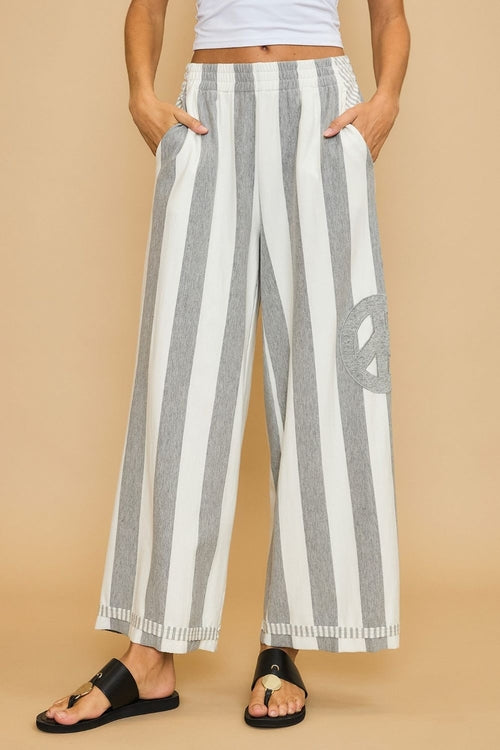 Peace Sign Patch Striped Wide Leg Pants