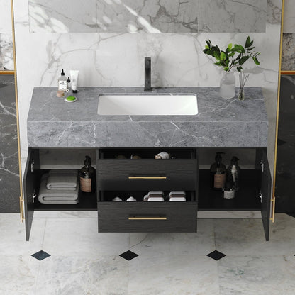 Bathroom vanity with marble countertop and floor, featuring a sink and storage drawers.
